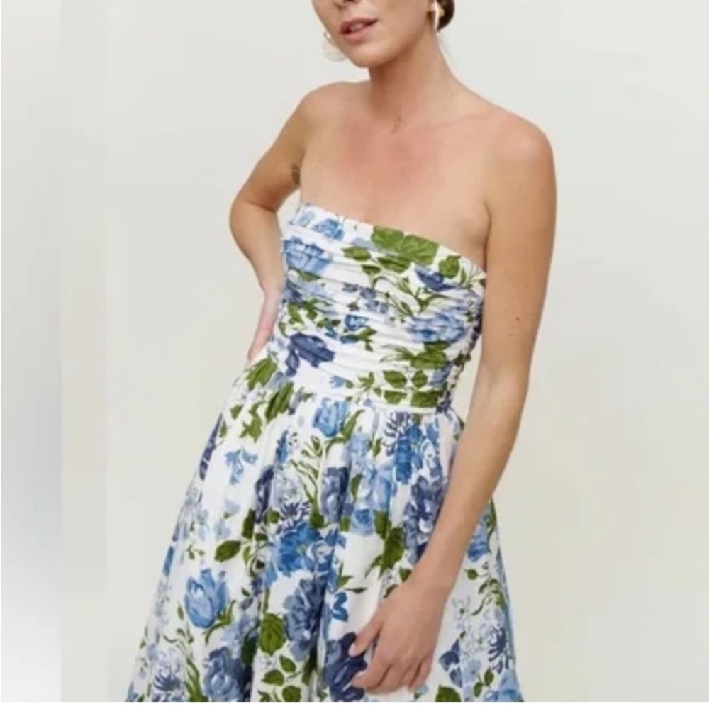 Reformation Kastoria Dress in Lucca White Blue Print Maxi